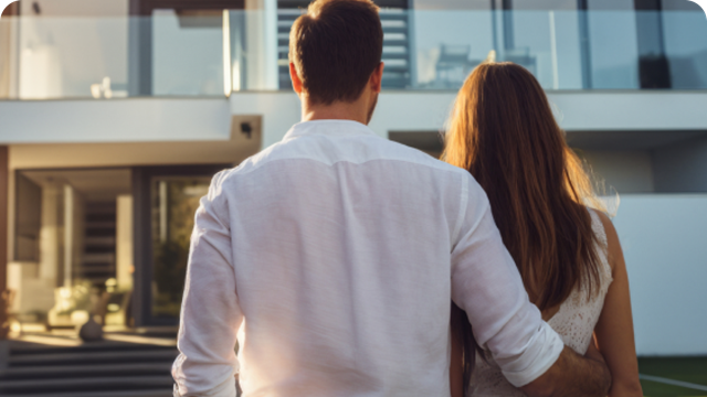 Couple standing outside of an apartment