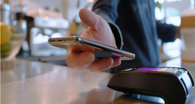 a closeup shot of a man using a mobile phone to pay