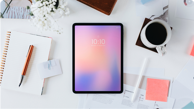 Top down shot of a tablet on a table