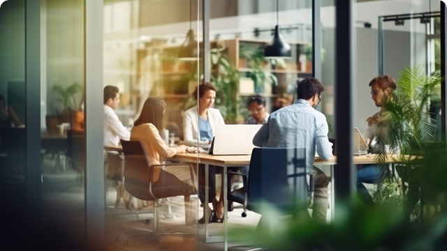 People through a glass pane in an office setting