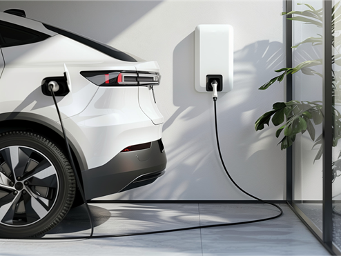 White EV plugged in wall charger