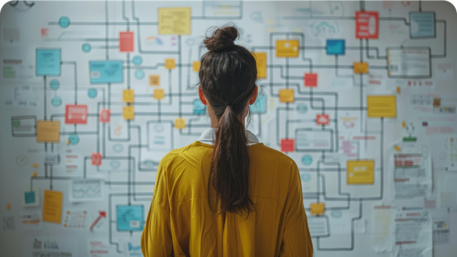 Woman in front of a process chart on wall