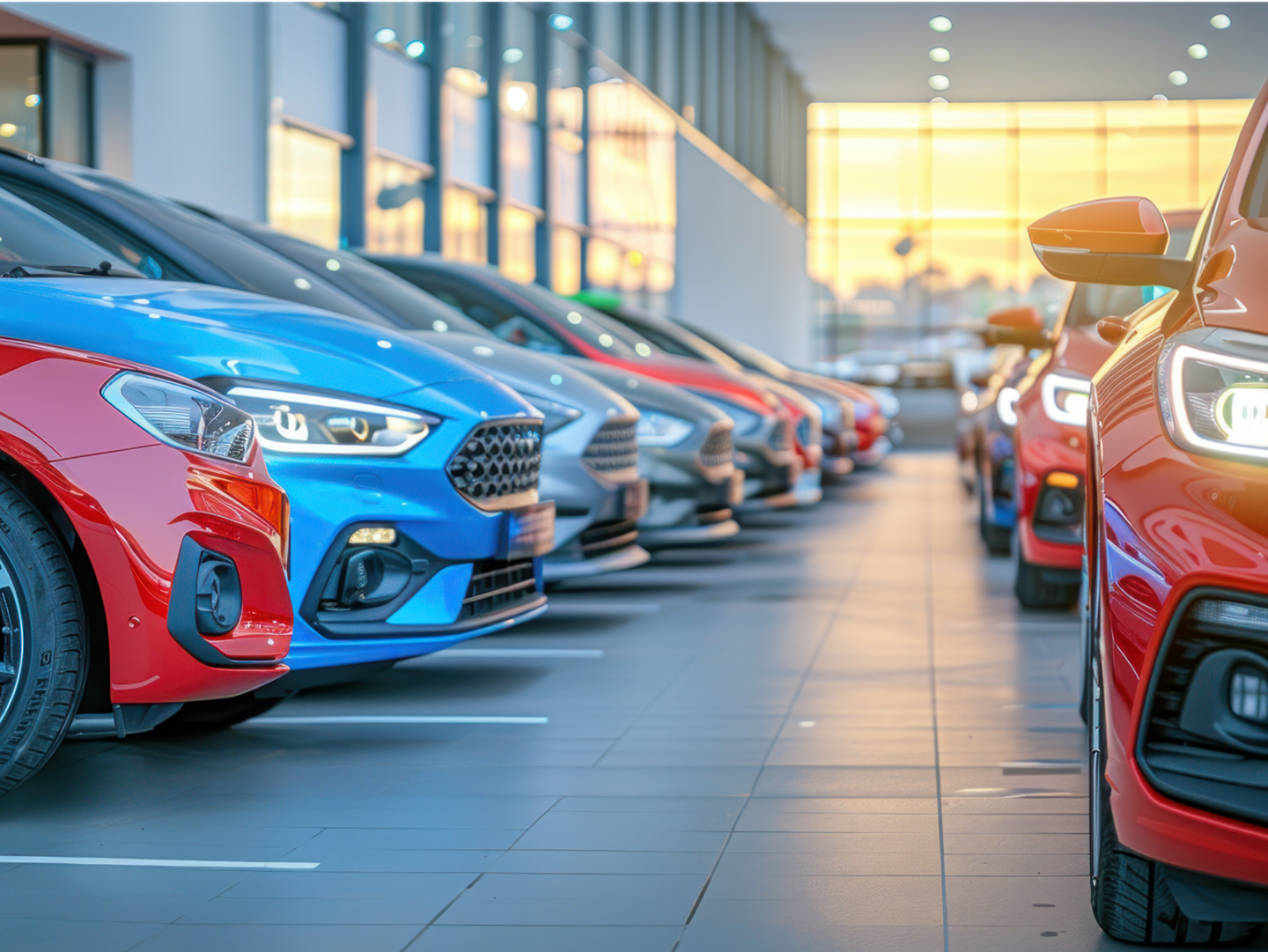 Rows of cars in a showroom