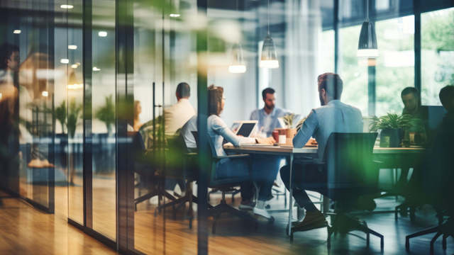 Group of professionals having a meeting at a conference table in a corporate setting.