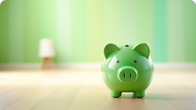 A green piggy bank on a wooden floor in a room with green walls.