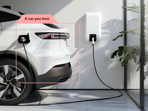 back of car plugged into ev charger at home@3x