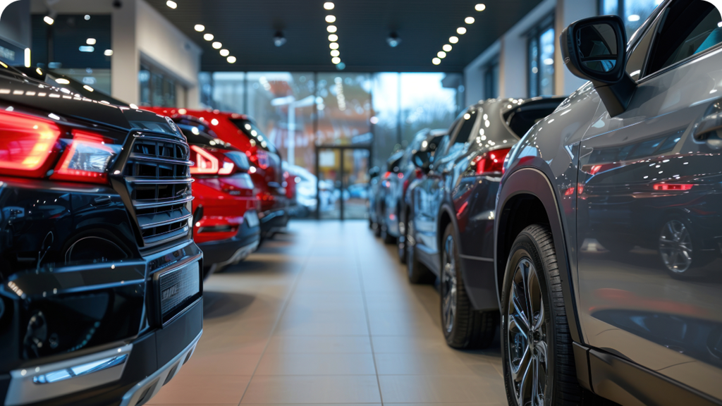 rows of cars in a showroom