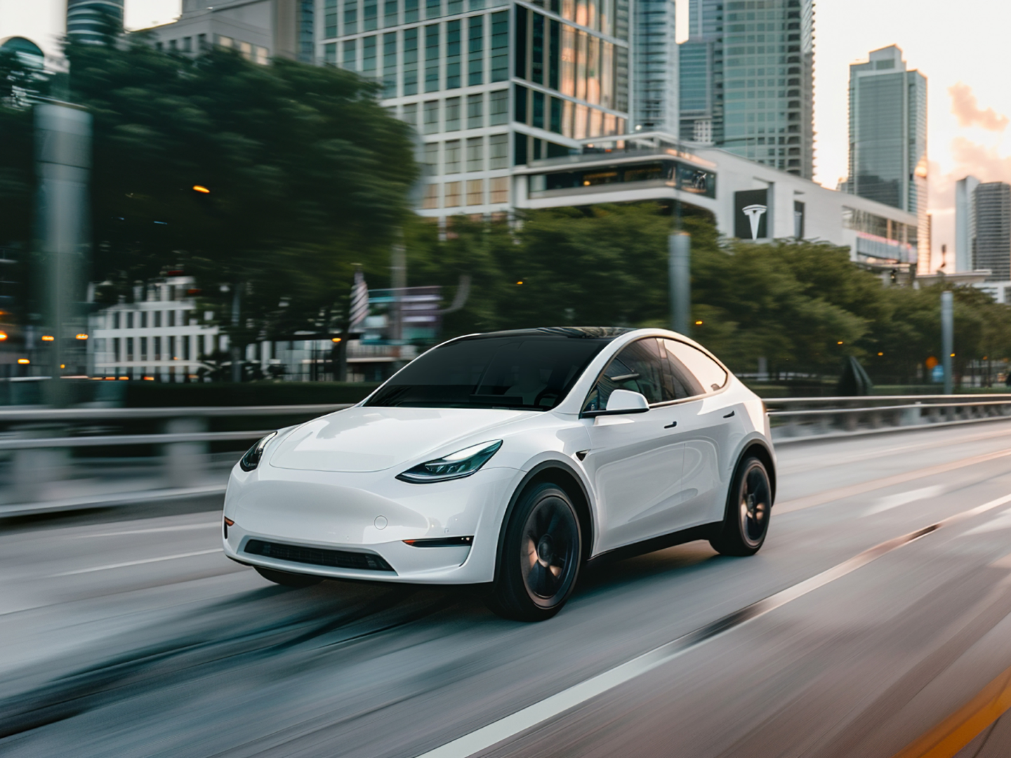 Tesla driving through a city