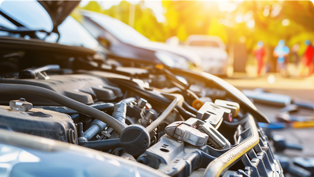 A car's open bonnet revealing an engine 