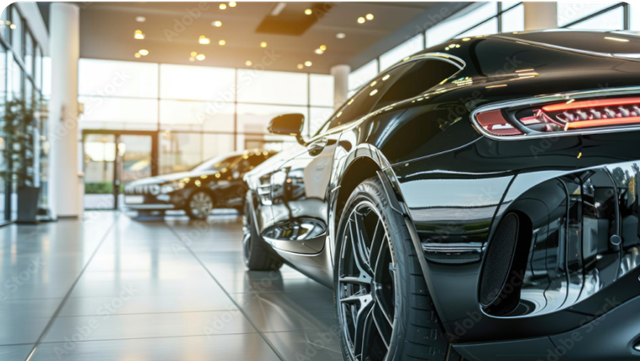 Car in showroom, rear view