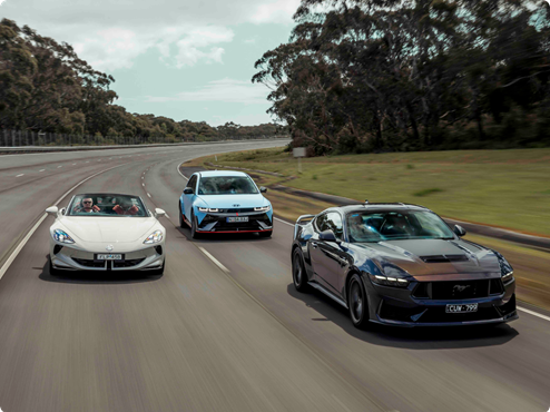 MG4, Hyundai IONIQ 5 N and Ford Mustang Dark Horse put through their paces on a racetrack.